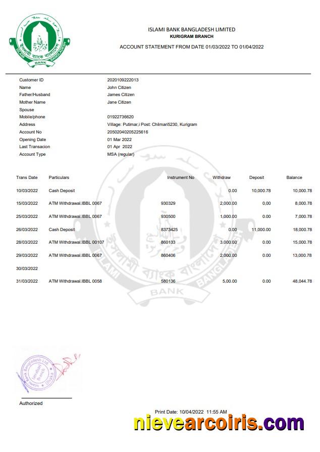 Bangladesh Islami bank statement